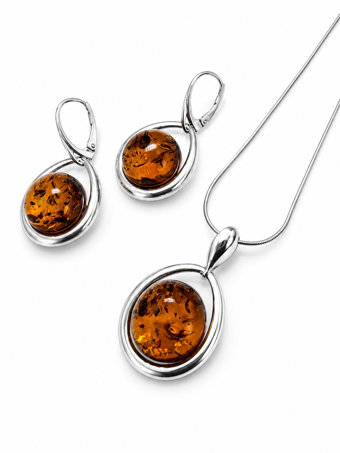 Genuine Baltic Amber Pendant & Earrings Set – Sterling Silver Amber Jewelry – Cognac Amber Necklace – Lever Back Earrings