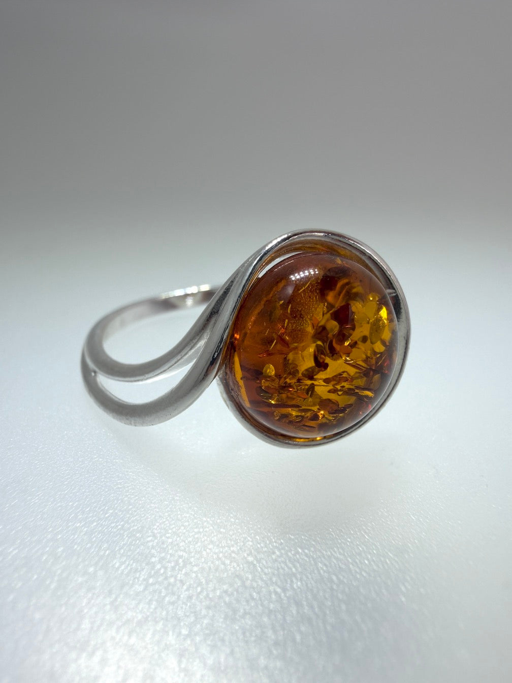 Genuine Baltic Amber Round Cognac Ring in Sterling Silver