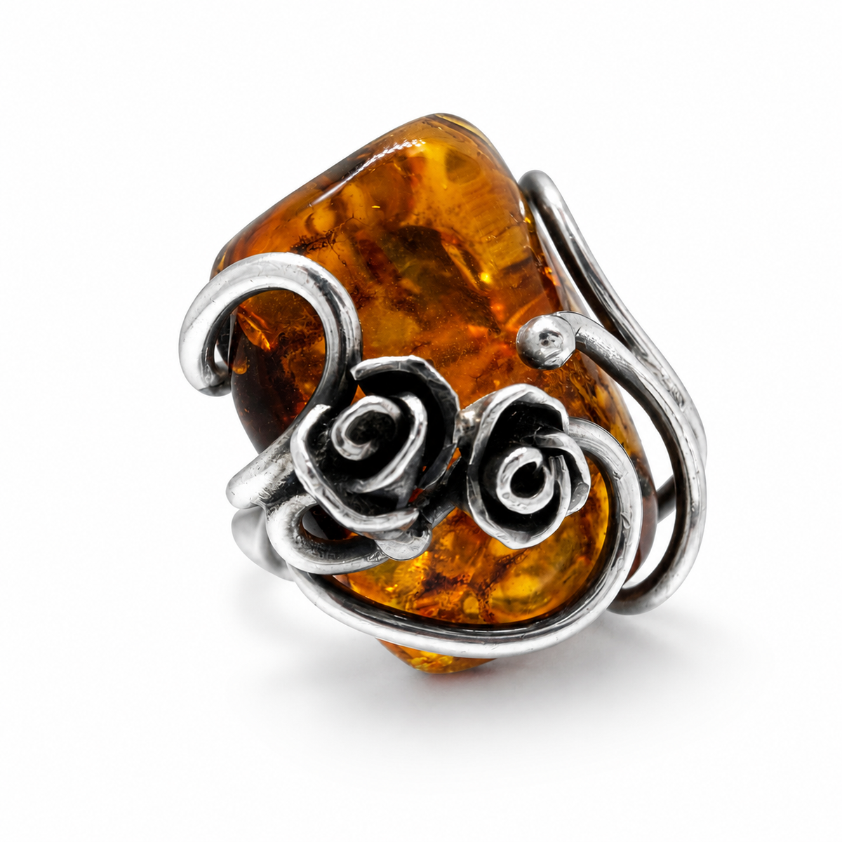 Genuine Baltic Amber Sterling Silver Floral Ring