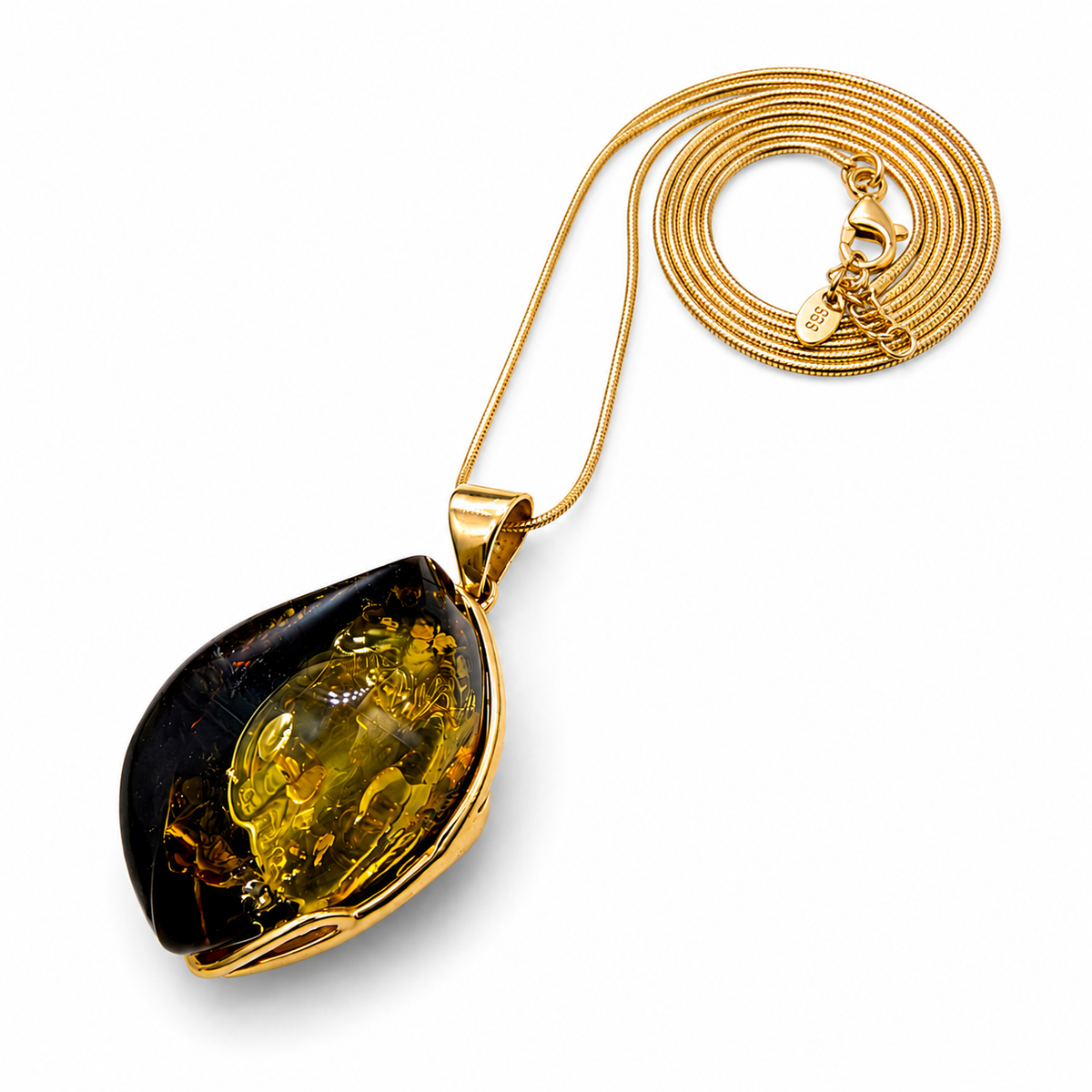 Genuine Green Baltic Amber Pendant – Gold Plated Sterling Silver
