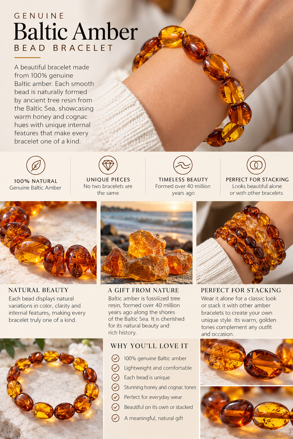Genuine Baltic Amber Stretch Bracelet