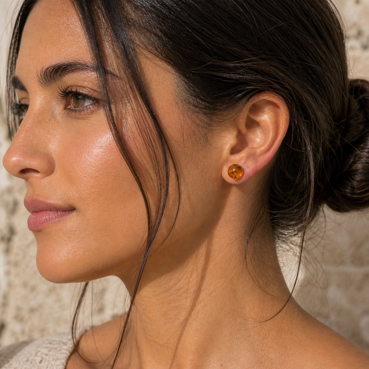 Genuine Baltic Amber Stud Earrings for Women, Honey Amber 8mm Round Ball