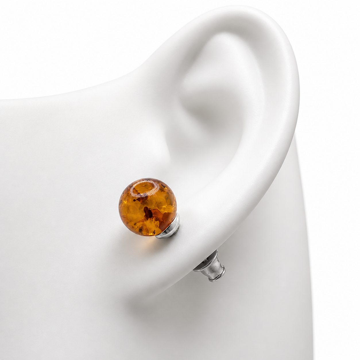 Genuine Baltic Amber Stud Earrings for Women, Honey Amber 8mm Round Ball