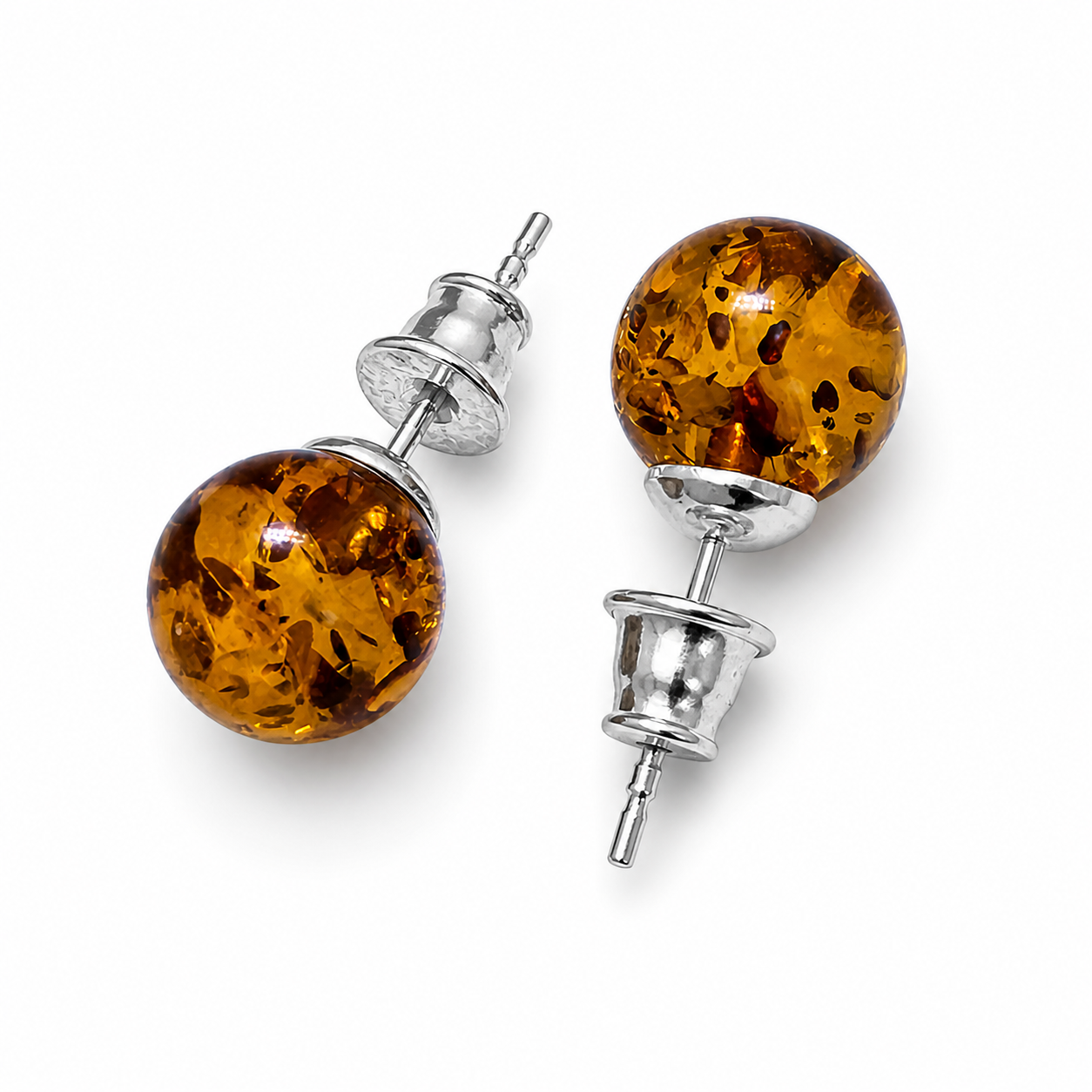 Genuine Baltic Amber Stud Earrings for Women, Honey Amber 8mm Round Ball