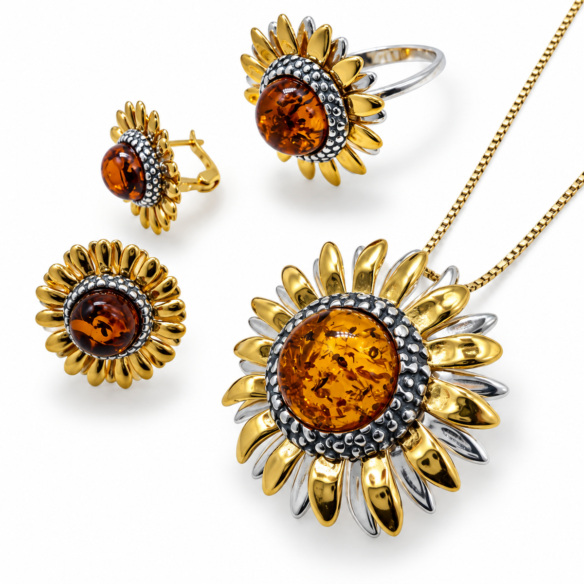 Genuine Baltic Amber Sunflower Jewelry Collection