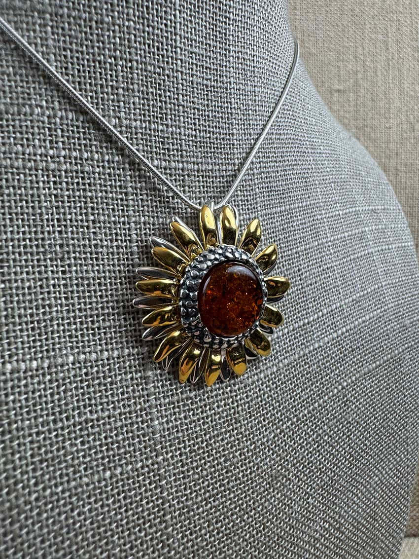 Genuine Baltic Amber Sunflower Jewelry Set - Mixed Silver & Gold Plated Sterling Silver