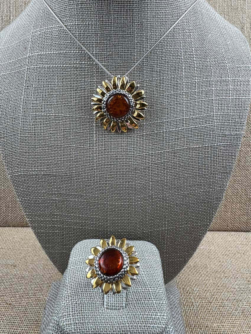 Genuine Baltic Amber Sunflower Jewelry Set - Mixed Silver & Gold Plated Sterling Silver