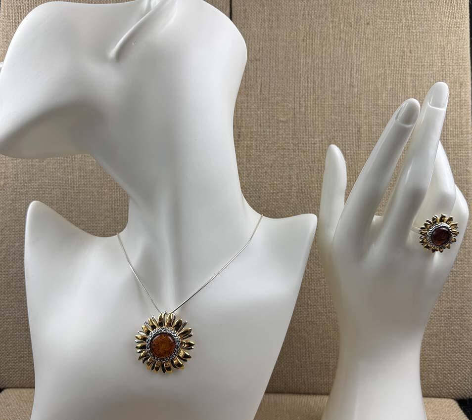 Genuine Baltic Amber Sunflower Jewelry Set - Mixed Silver & Gold Plated Sterling Silver