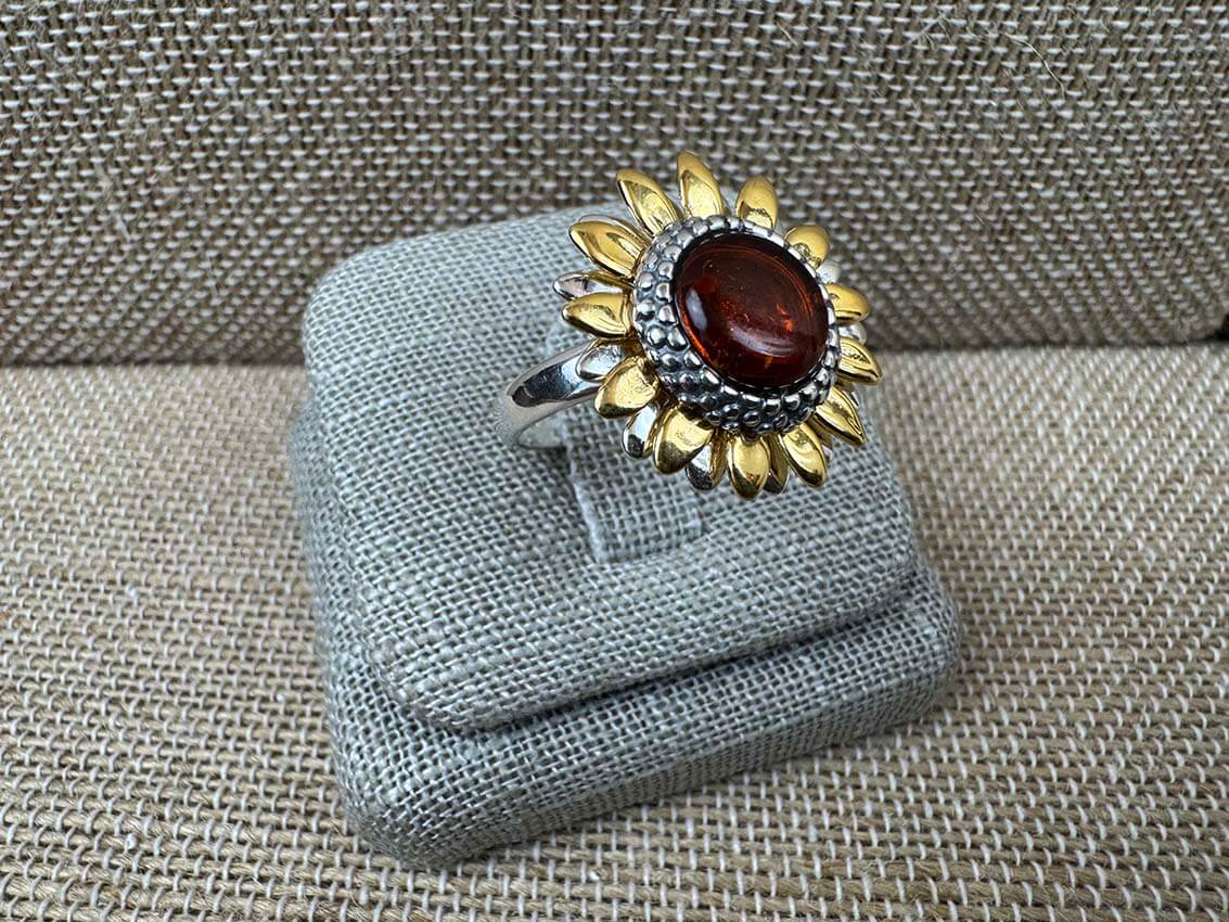 Genuine Baltic Amber Sunflower Jewelry Set - Mixed Silver & Gold Plated Sterling Silver