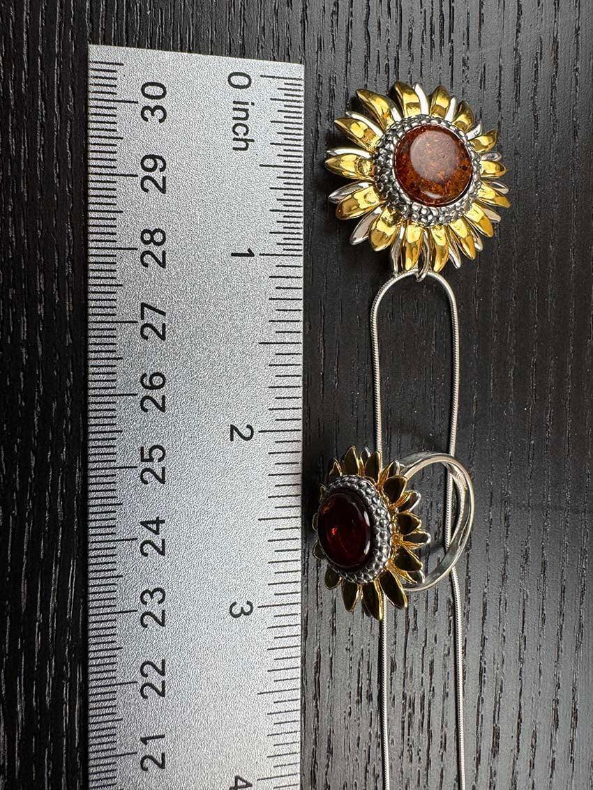 Genuine Baltic Amber Sunflower Jewelry Set - Mixed Silver & Gold Plated Sterling Silver