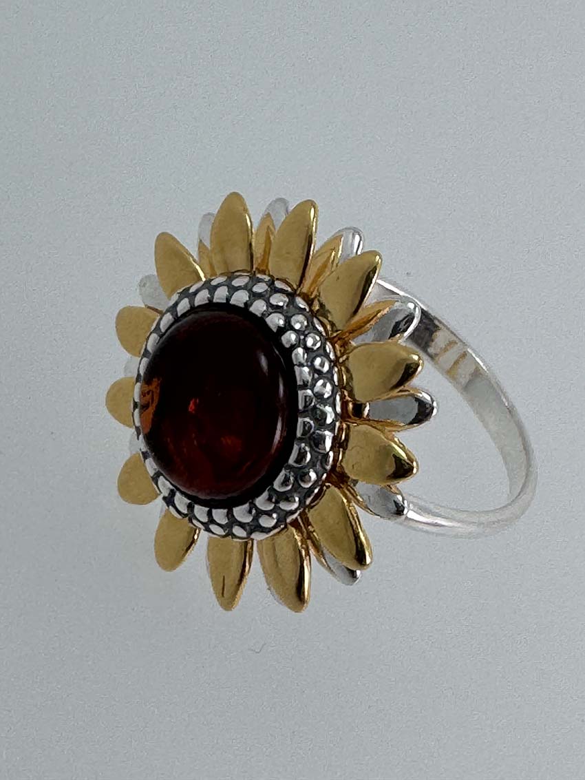Genuine Baltic Amber Sunflower Jewelry Set - Mixed Silver & Gold Plated Sterling Silver