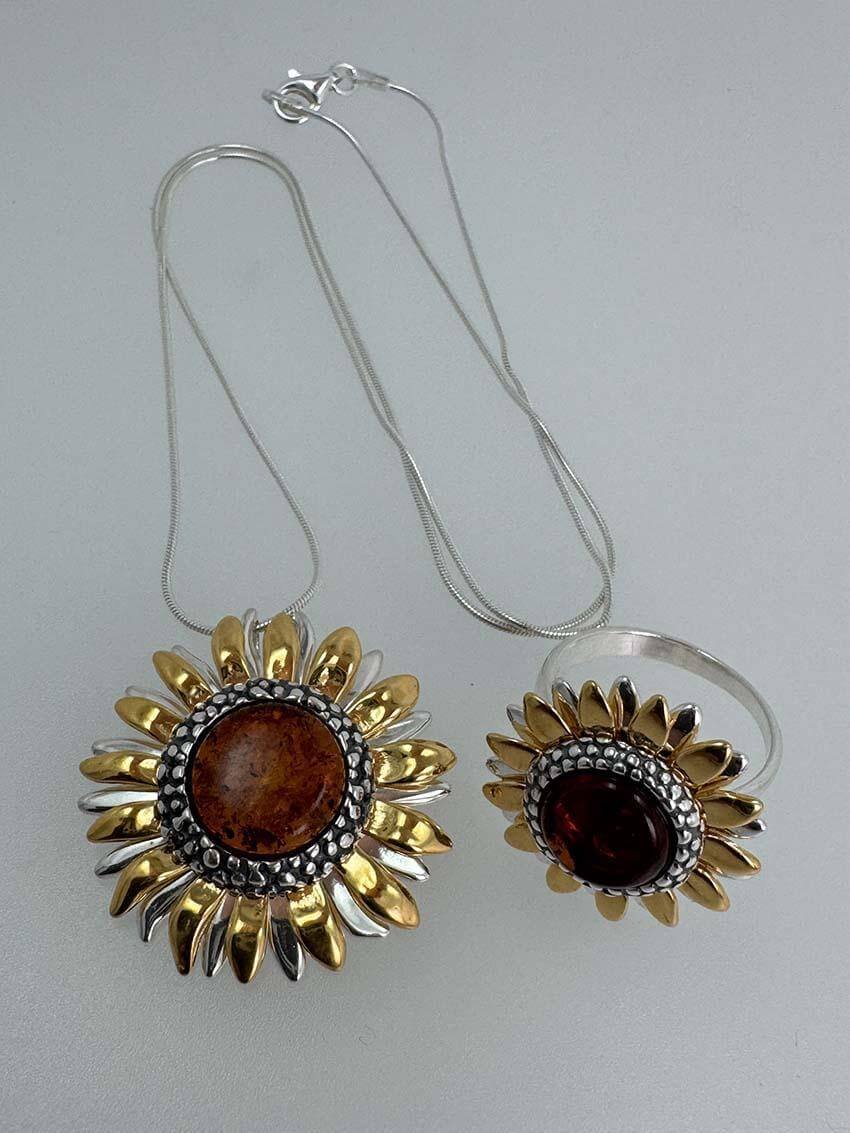 Genuine Baltic Amber Sunflower Jewelry Set - Mixed Silver & Gold Plated Sterling Silver