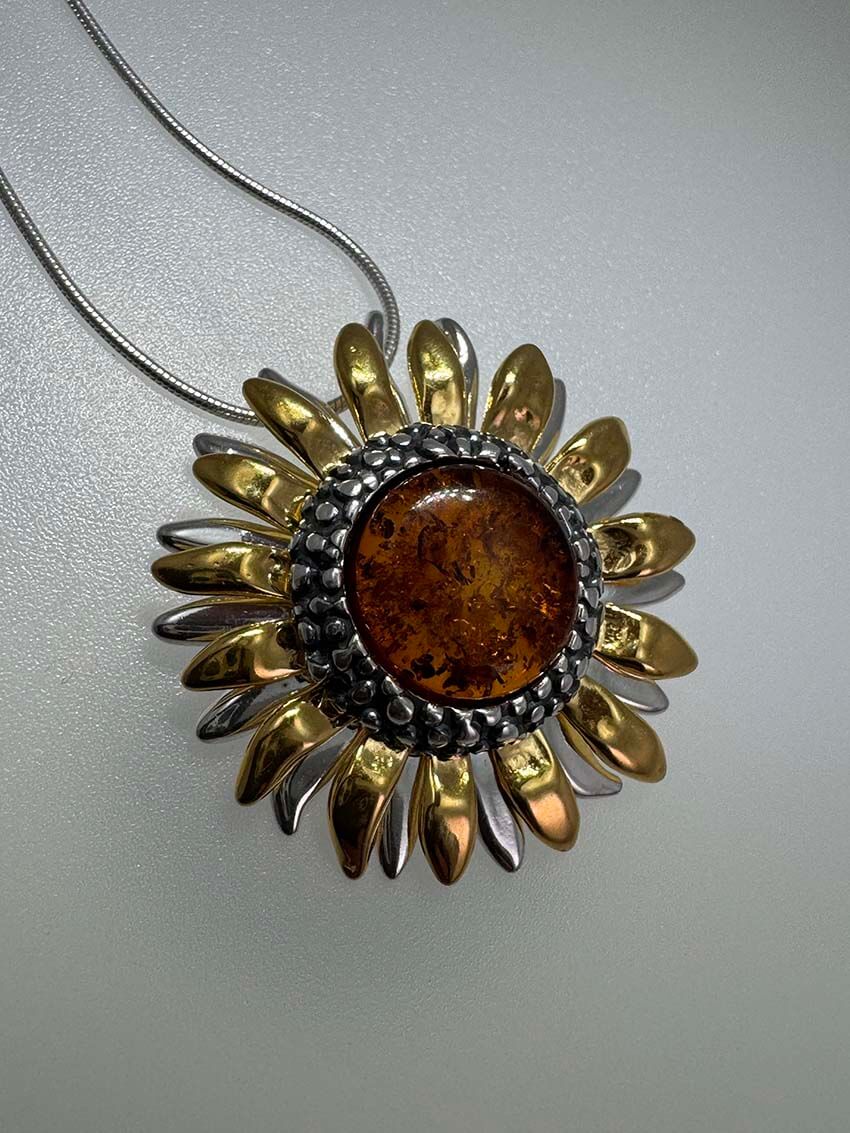 Genuine Baltic Amber Sunflower Jewelry Set - Mixed Silver & Gold Plated Sterling Silver