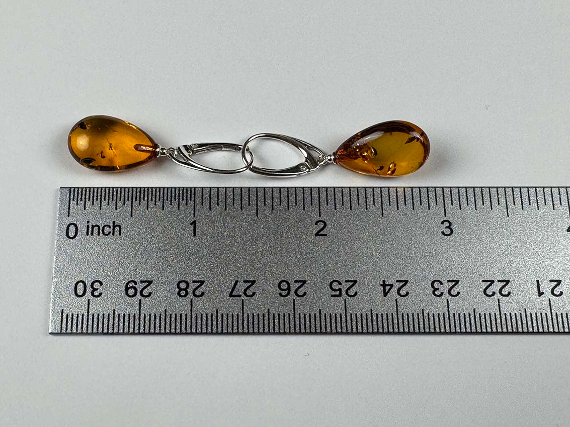 Genuine Baltic Amber Teardrop Drop Earrings - Cognac Color-Sterling Silver Lever Backs