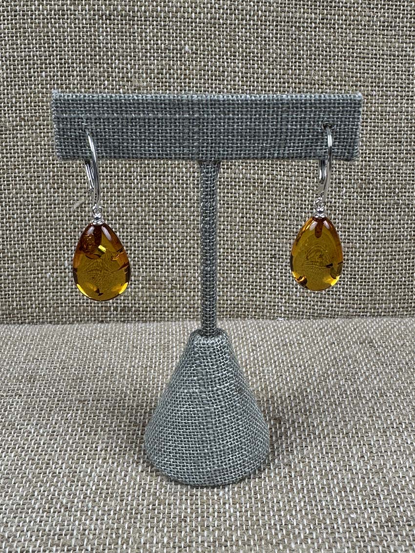 Genuine Baltic Amber Teardrop Drop Earrings - Cognac Color-Sterling Silver Lever Backs