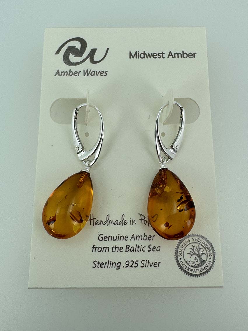 Genuine Baltic Amber Teardrop Drop Earrings - Cognac Color-Sterling Silver Lever Backs