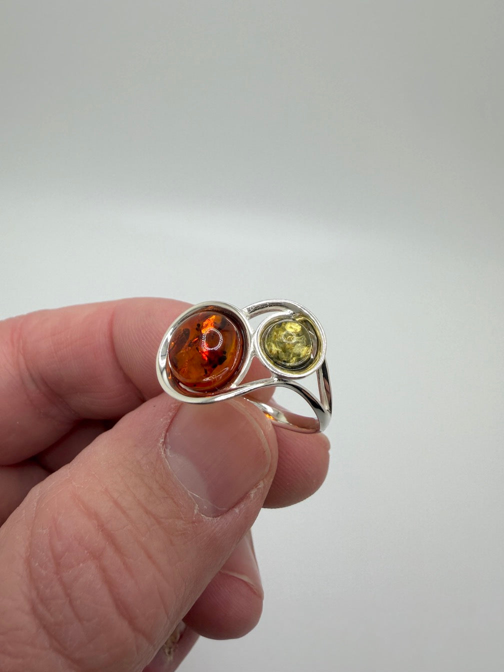 Genuine Baltic Amber Two Stone Ring Sterling Silver Cognac and Green Amber Ring