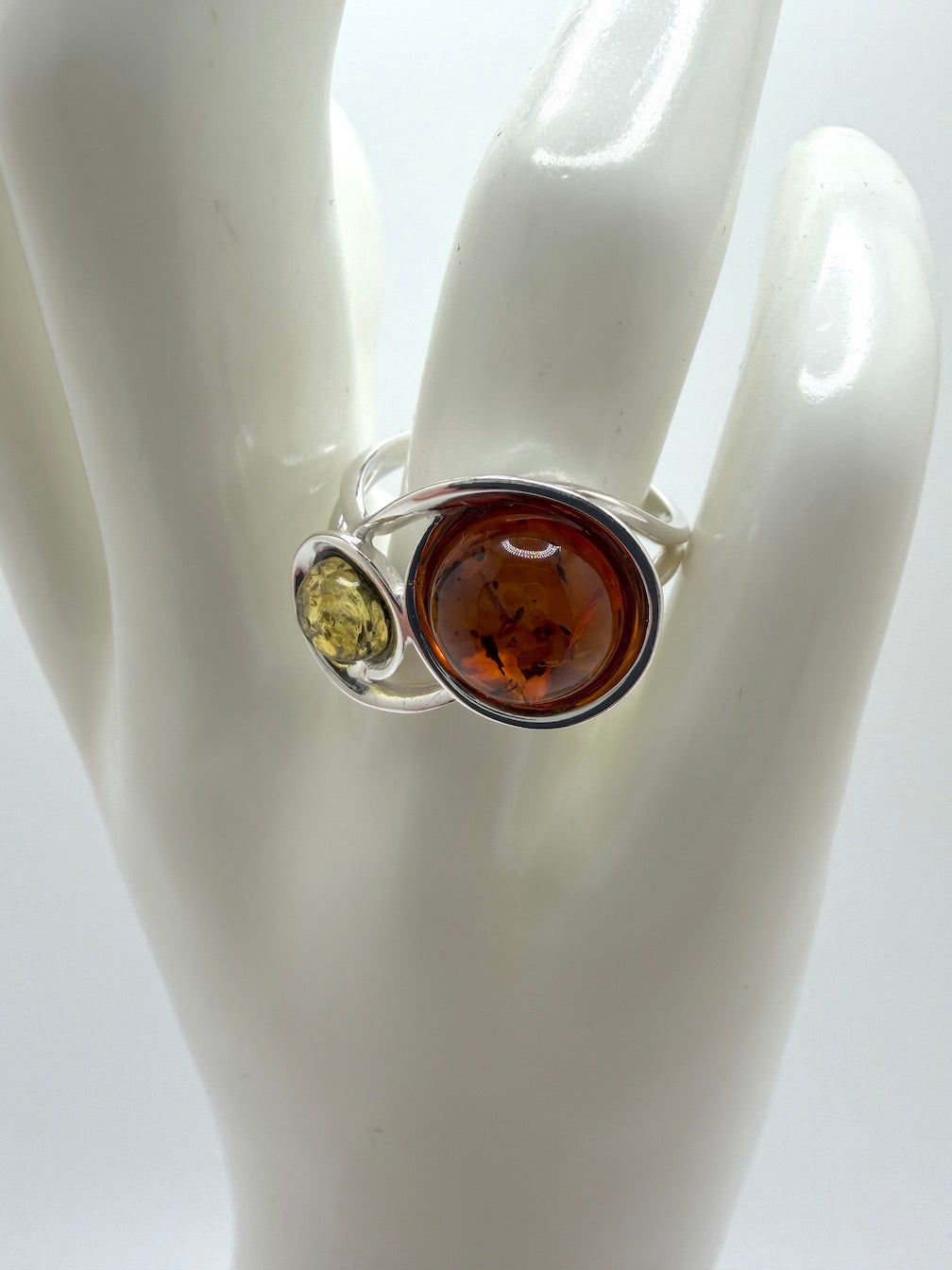 Genuine Baltic Amber Two Stone Ring Sterling Silver Cognac and Green Amber Ring