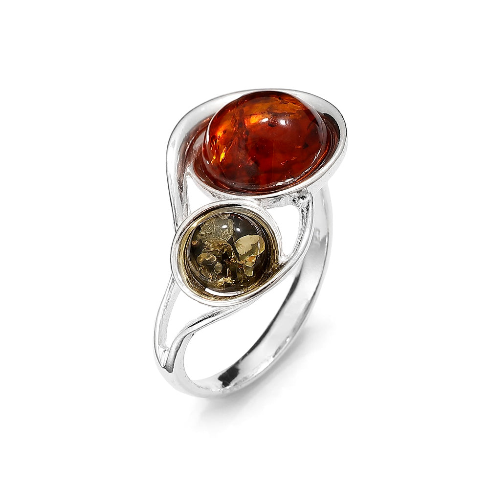 Genuine Baltic Amber Two Stone Ring Sterling Silver Cognac and Green Amber Ring