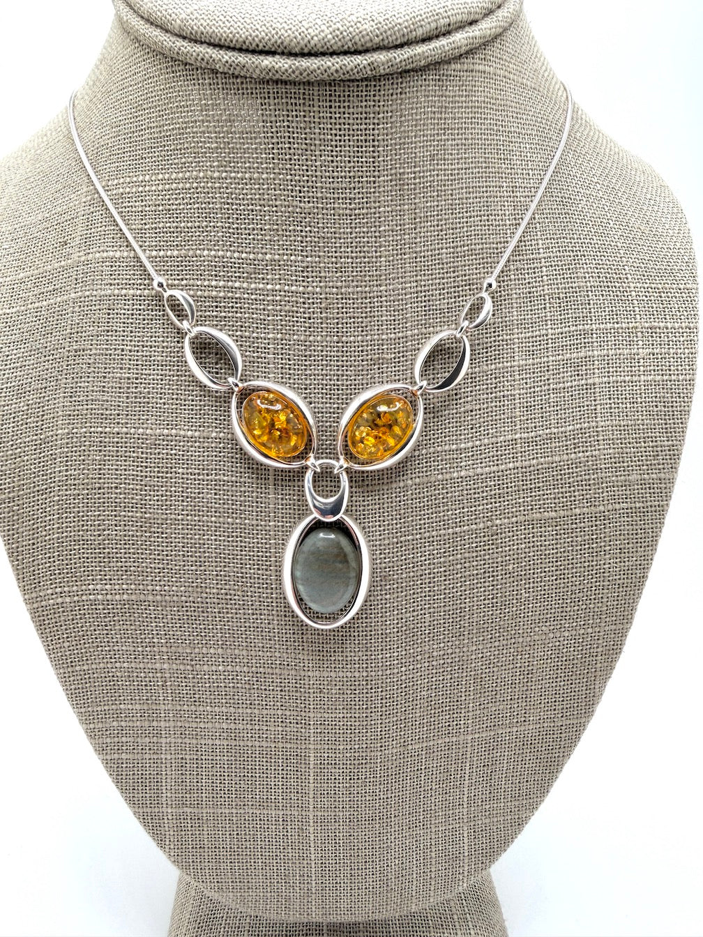 Sterling Silver, Genuine Baltic Amber & Labradorite Lariat Necklace