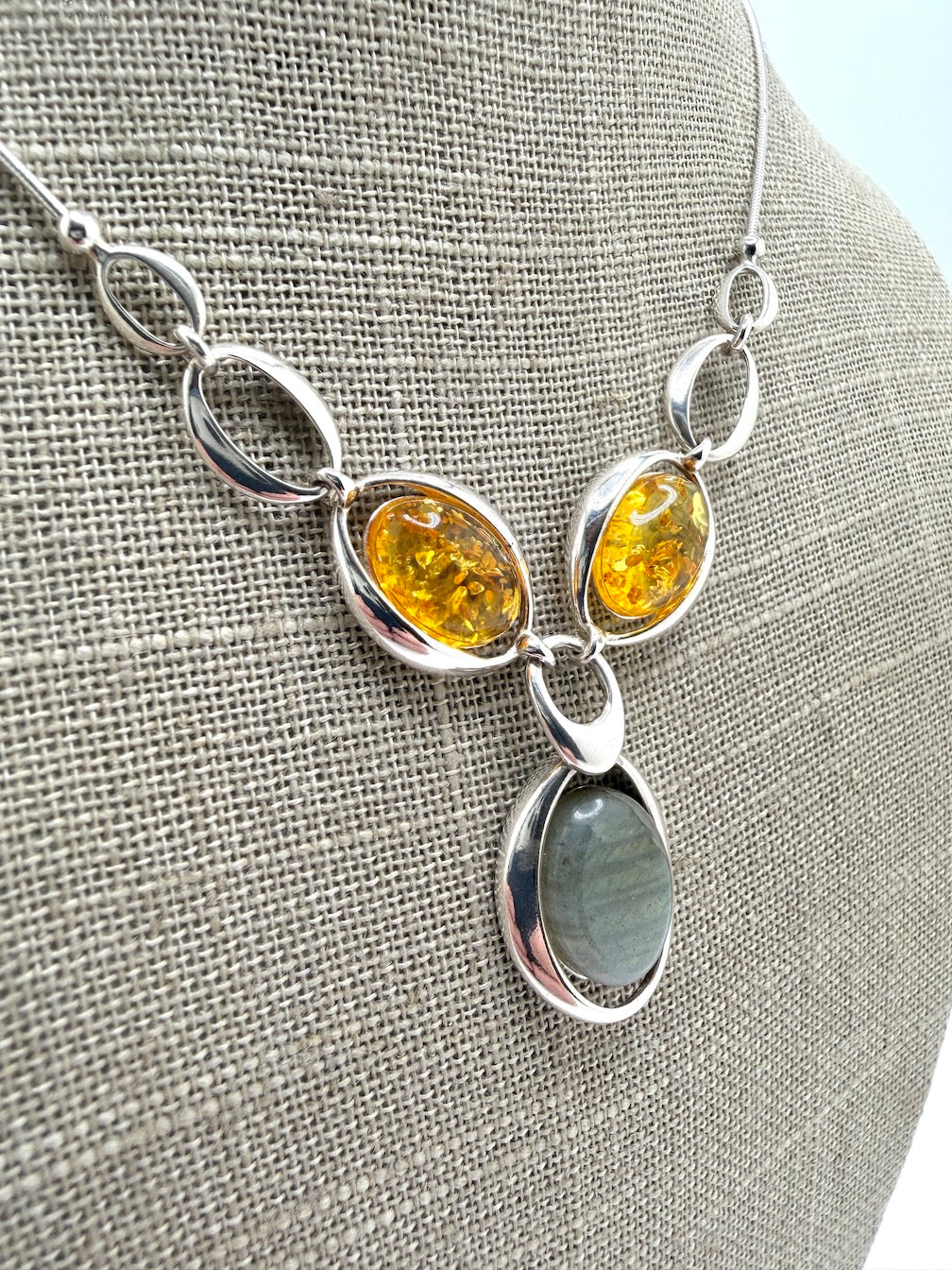 Sterling Silver, Genuine Baltic Amber & Labradorite Lariat Necklace