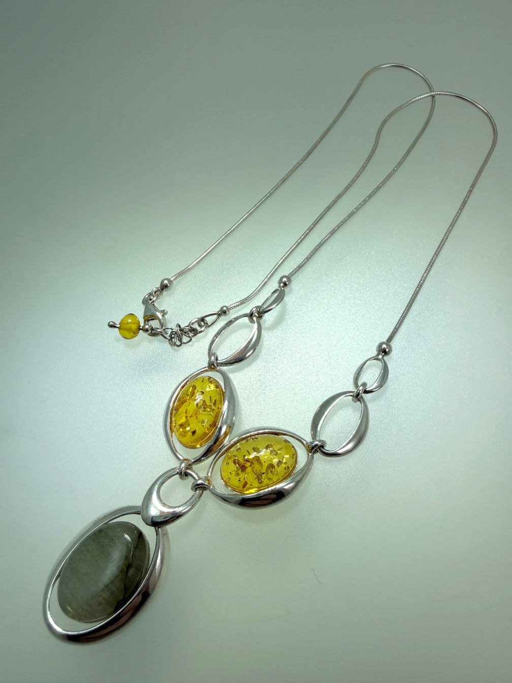 Sterling Silver, Genuine Baltic Amber & Labradorite Lariat Necklace
