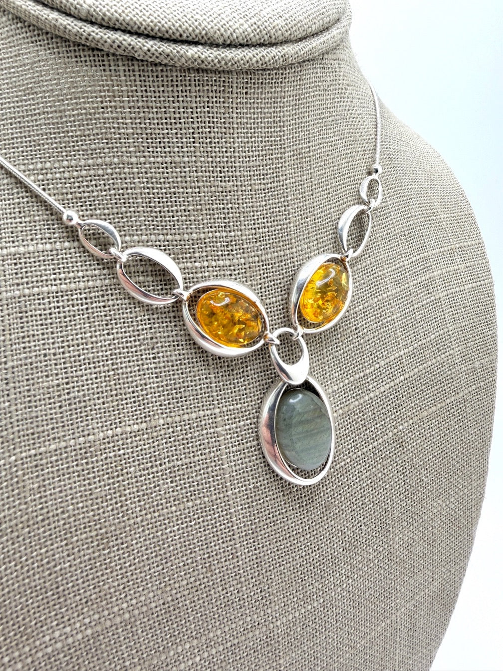 Sterling Silver, Genuine Baltic Amber & Labradorite Lariat Necklace