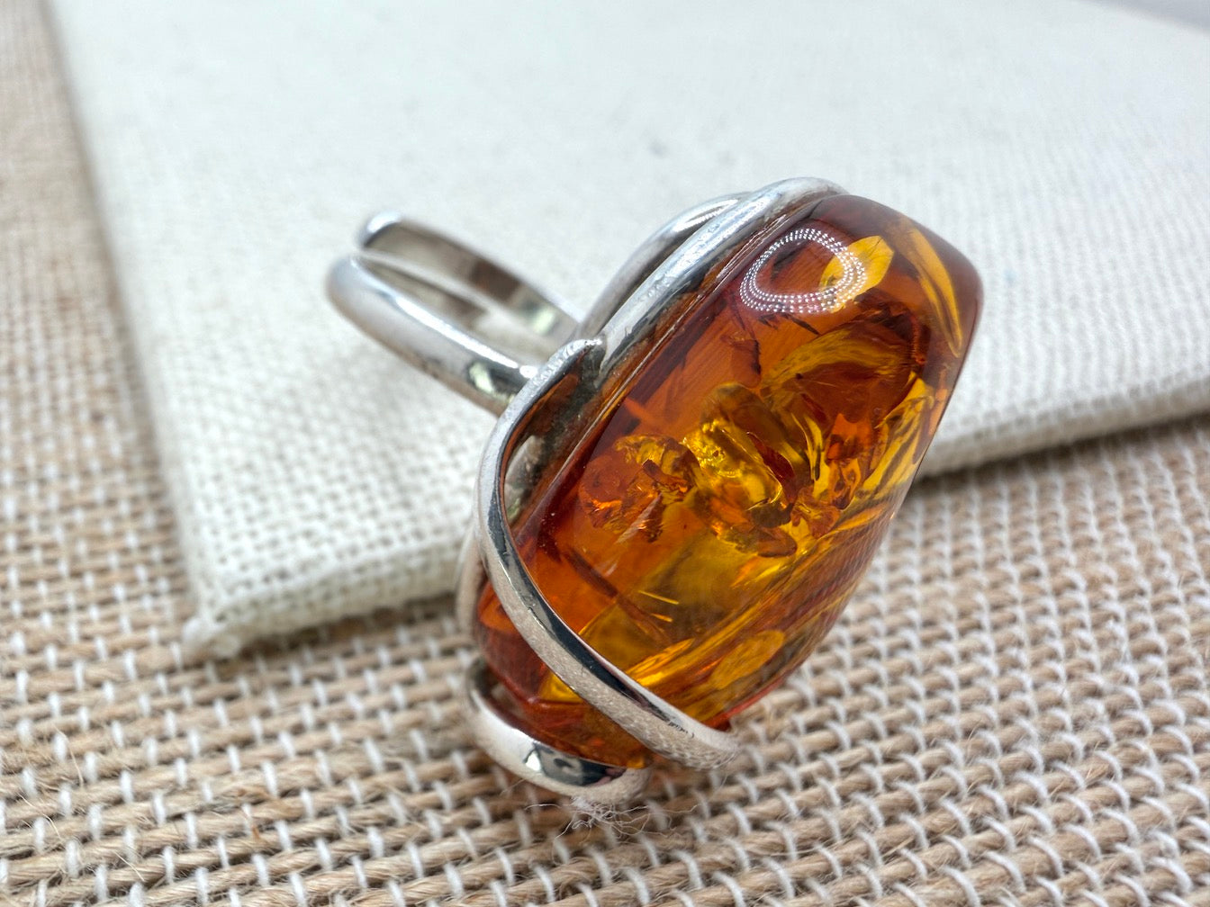Genuine Baltic Amber & Sterling Silver Adjustable Wrap Ring