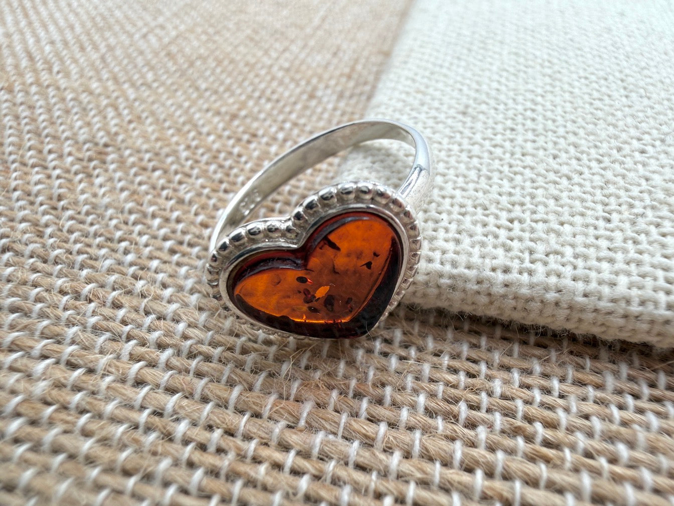 Genuine Baltic Amber & Sterling Silver Heart Ring – Cognac Amber