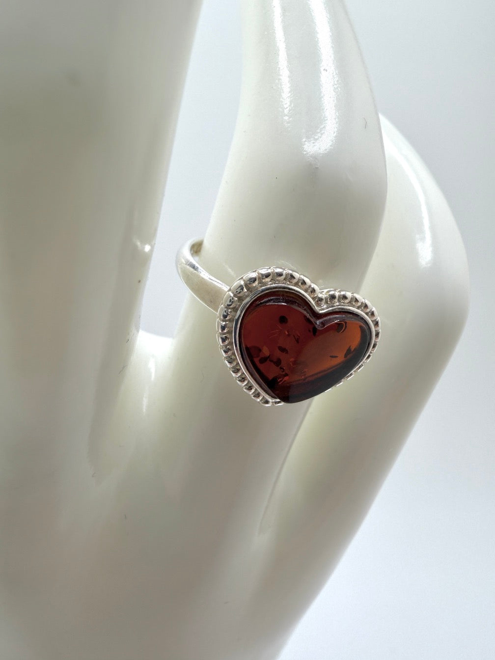 Genuine Baltic Amber & Sterling Silver Heart Ring – Cognac Amber