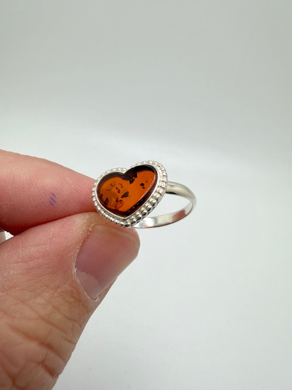 Genuine Baltic Amber & Sterling Silver Heart Ring – Cognac Amber