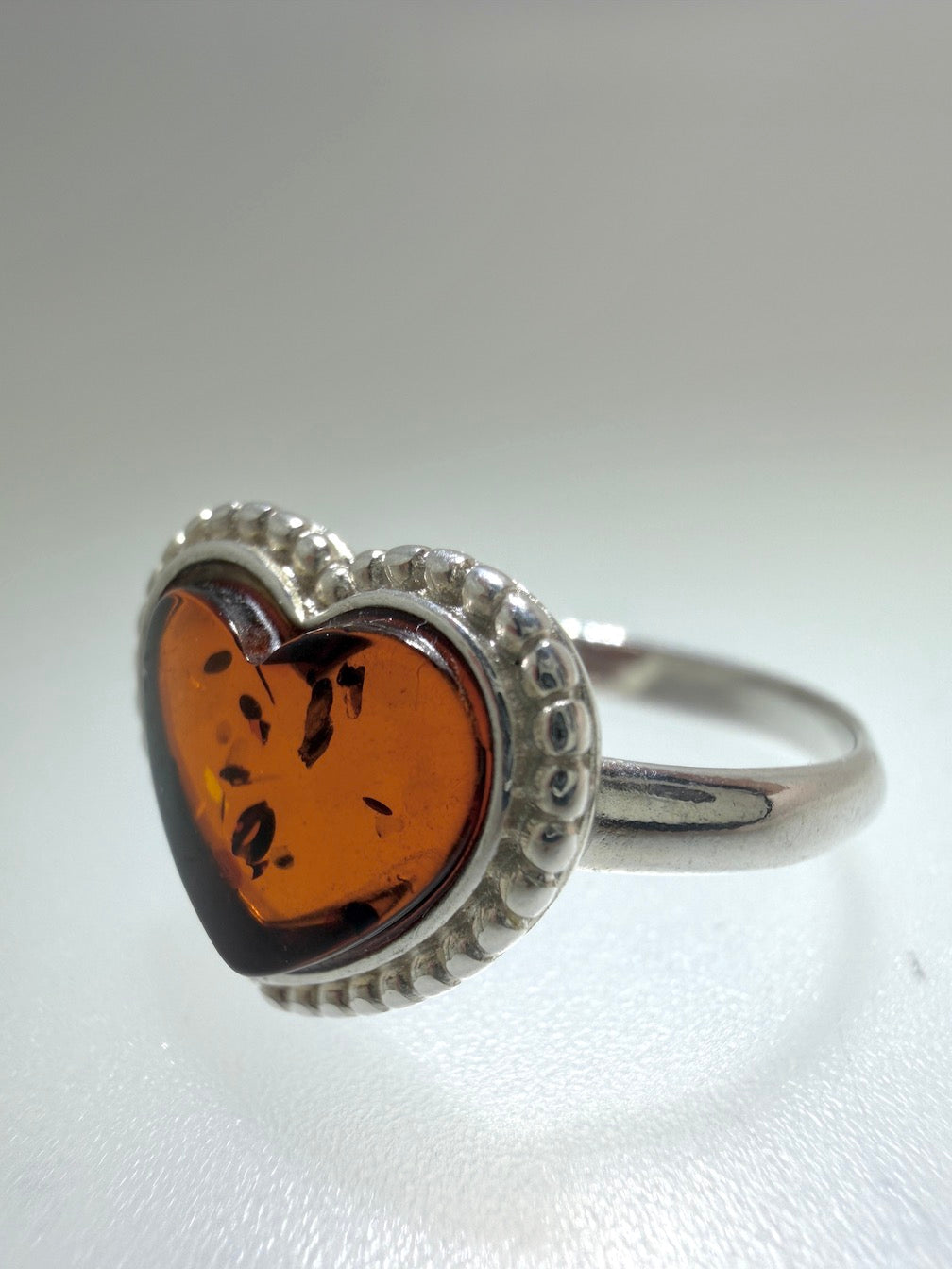 Genuine Baltic Amber & Sterling Silver Heart Ring – Cognac Amber