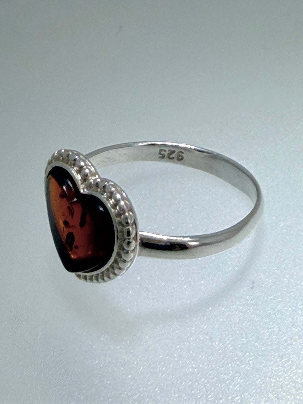Genuine Baltic Amber & Sterling Silver Heart Ring – Cognac Amber