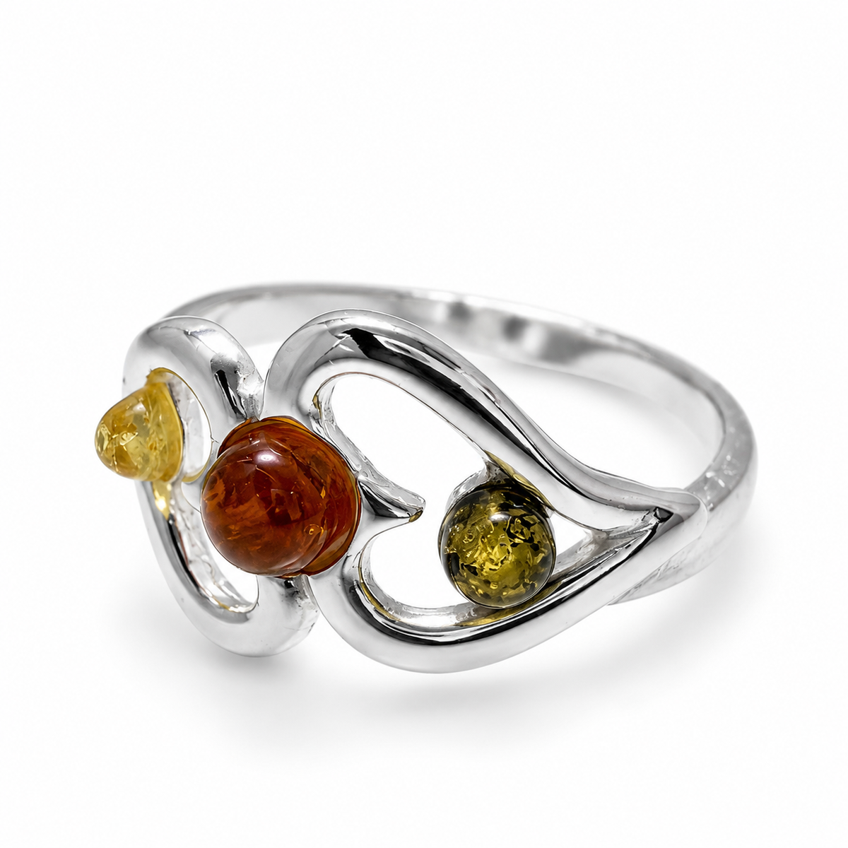 Genuine Baltic Amber & Sterling Silver Interlocking Heart Ring