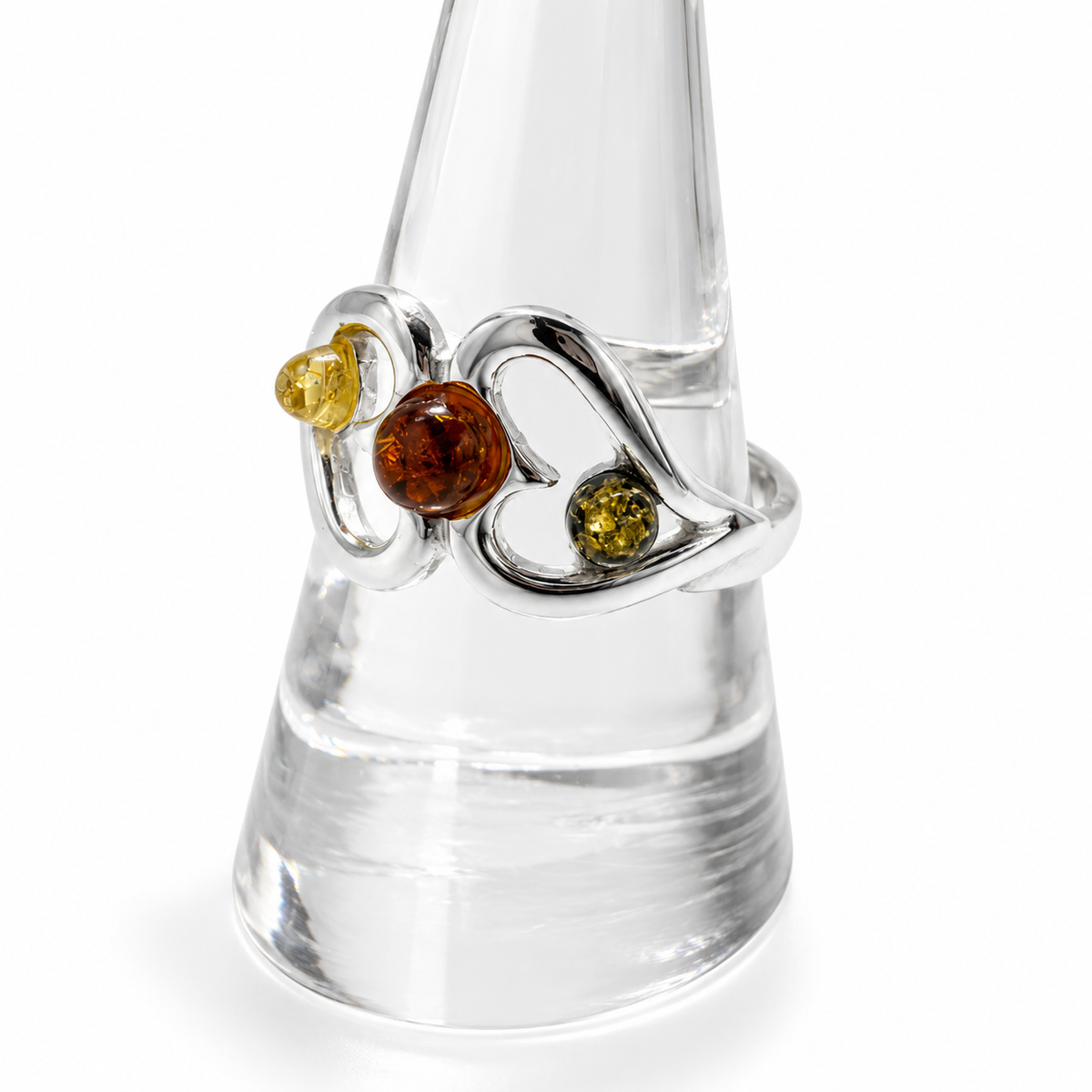 Genuine Baltic Amber & Sterling Silver Interlocking Heart Ring