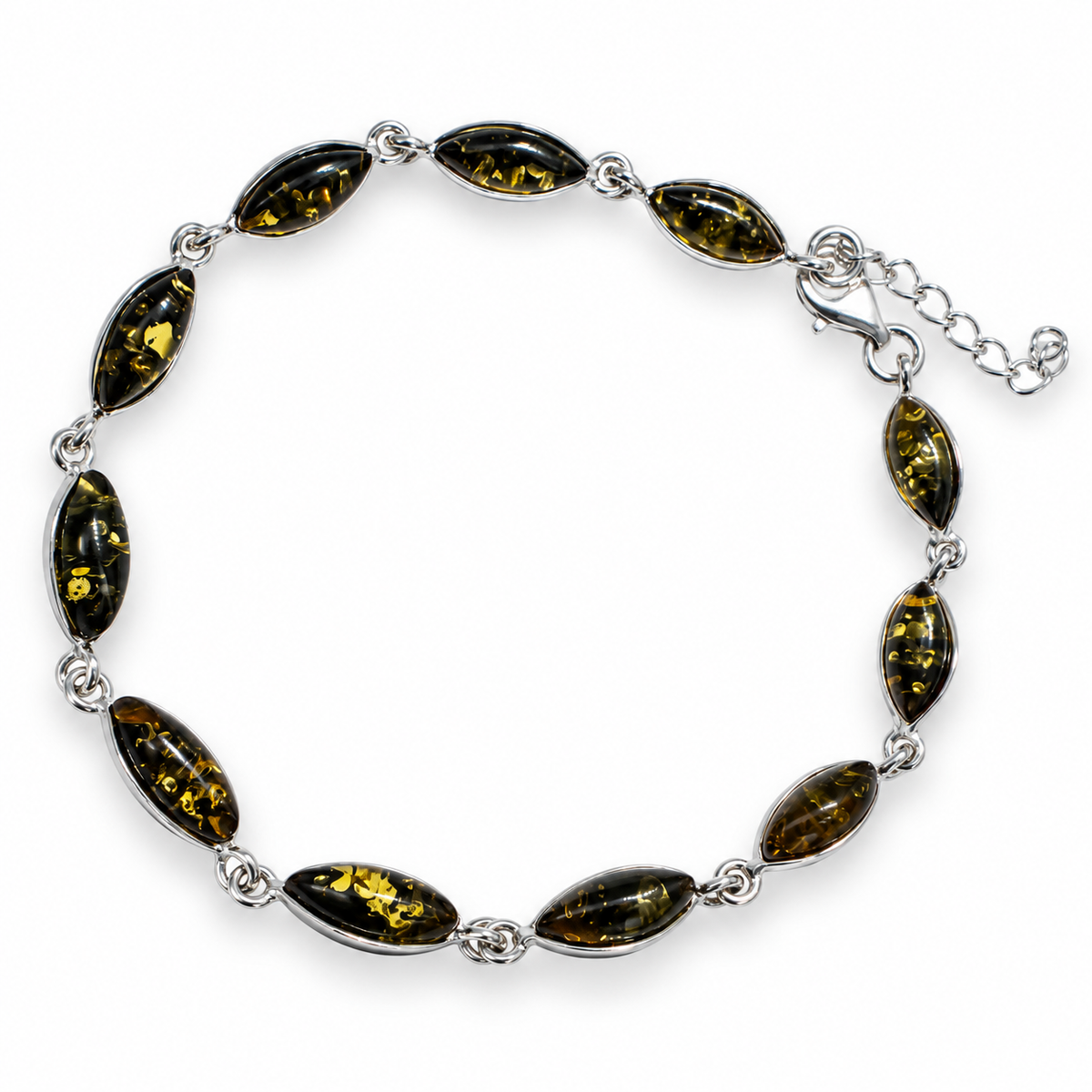 Genuine Baltic Amber & Sterling Silver Marquise Link Bracelet