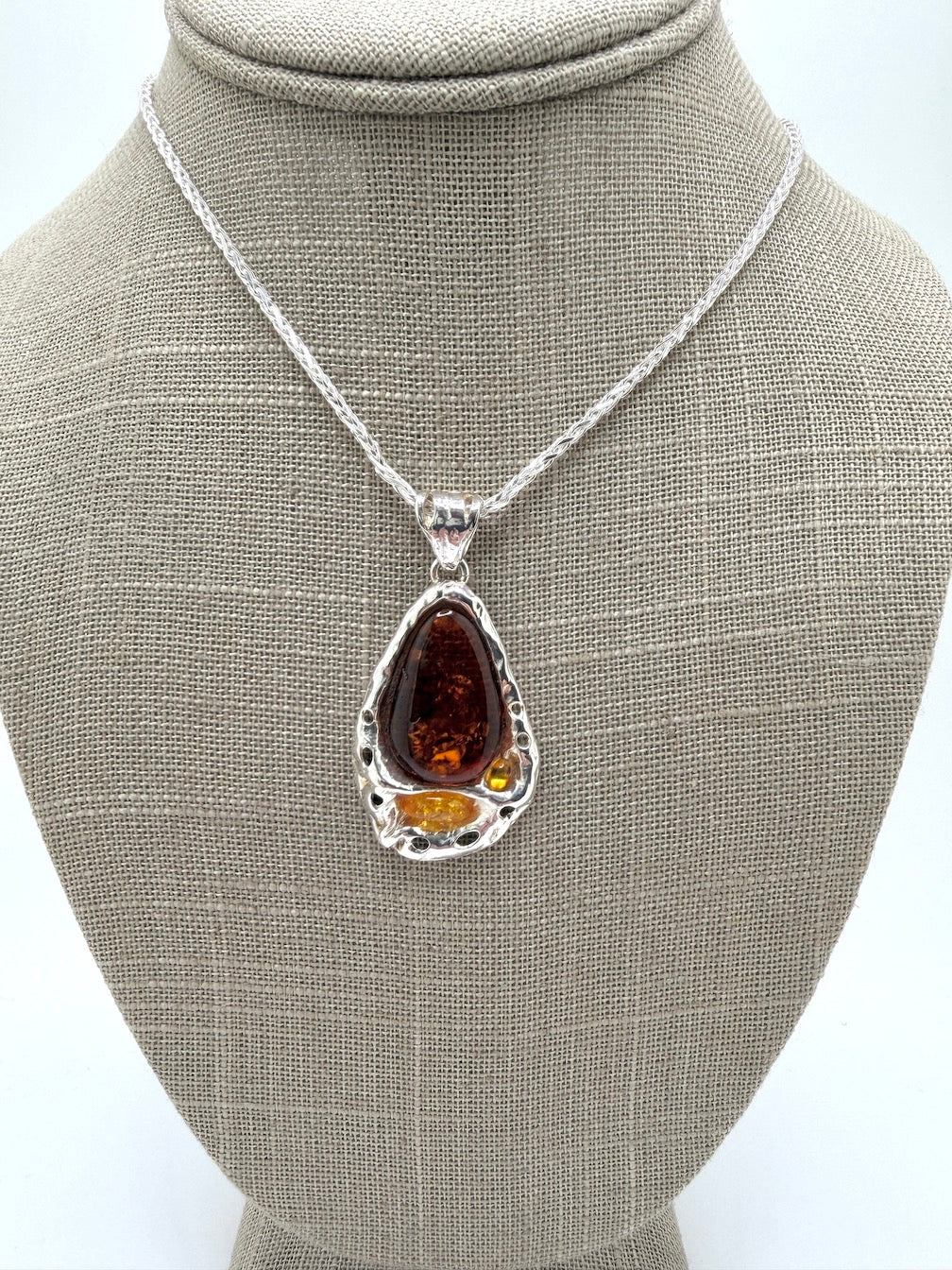 Genuine Baltic Amber & Sterling Silver Modern Pendant on Wheat Chain