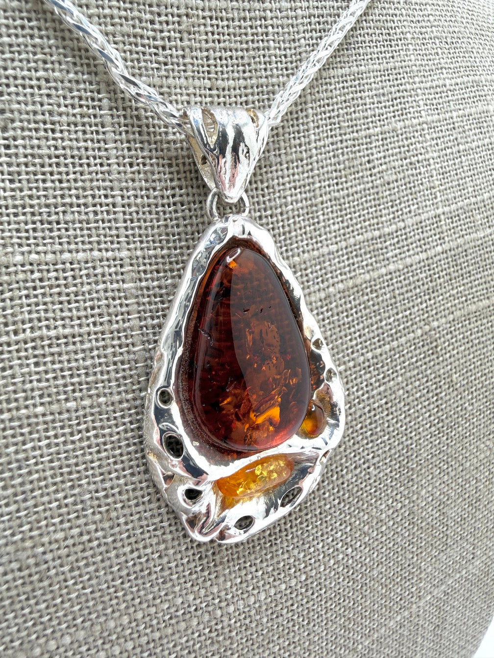 Genuine Baltic Amber & Sterling Silver Modern Pendant on Wheat Chain