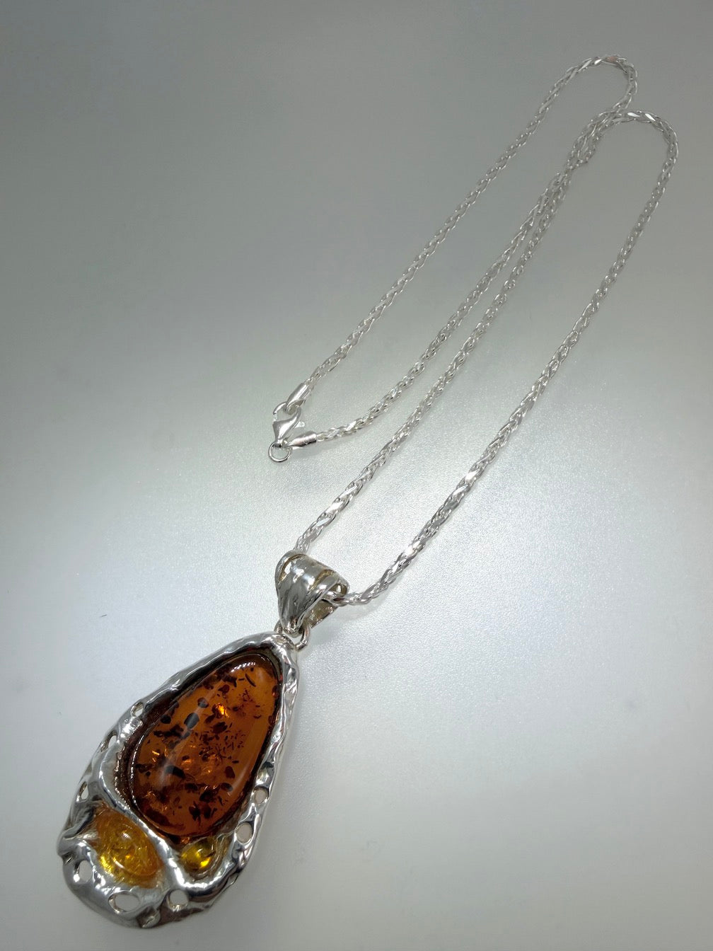Genuine Baltic Amber & Sterling Silver Modern Pendant on Wheat Chain