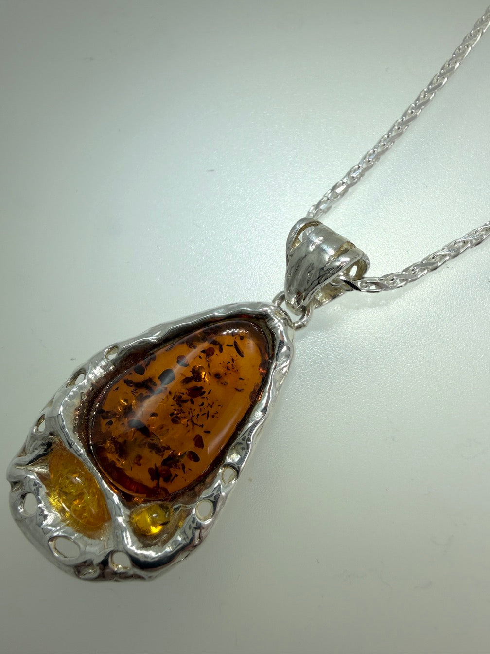 Genuine Baltic Amber & Sterling Silver Modern Pendant on Wheat Chain