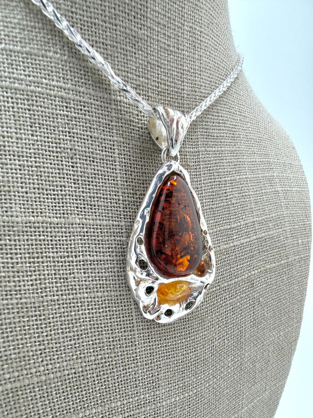 Genuine Baltic Amber & Sterling Silver Modern Pendant on Wheat Chain