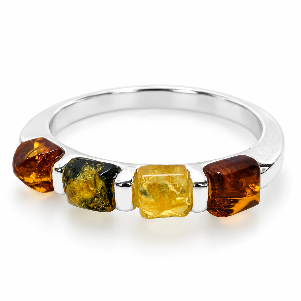 Genuine Baltic Amber & Sterling Silver Multicolor Band Ring