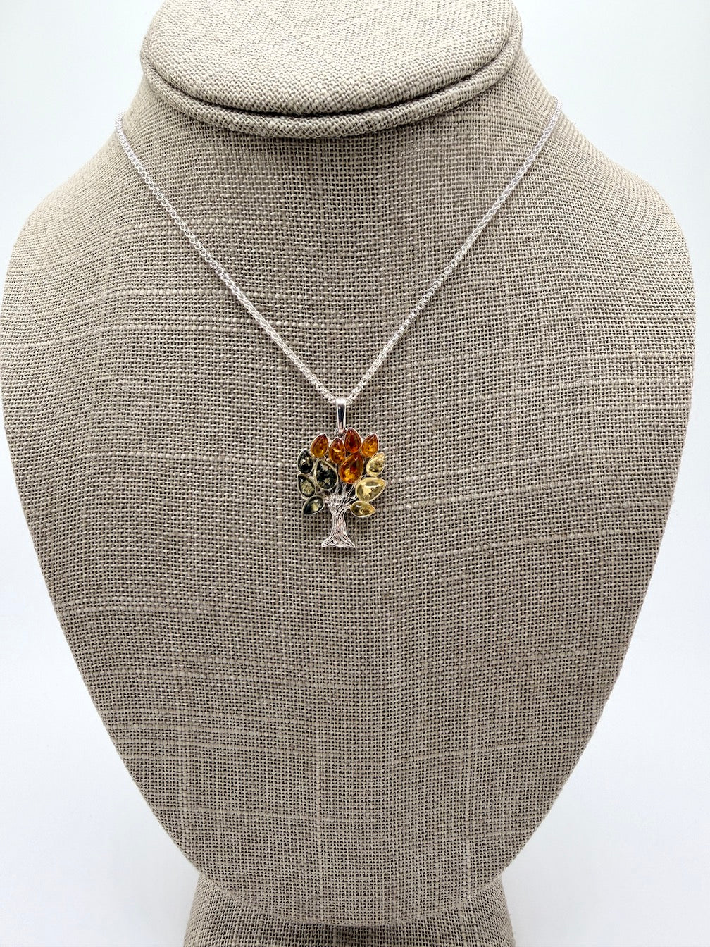 Genuine Baltic Amber & Sterling Silver Tree of Life Pendant • Ombre Lemon–Honey–Green Amber • 18” Box Chain Included
