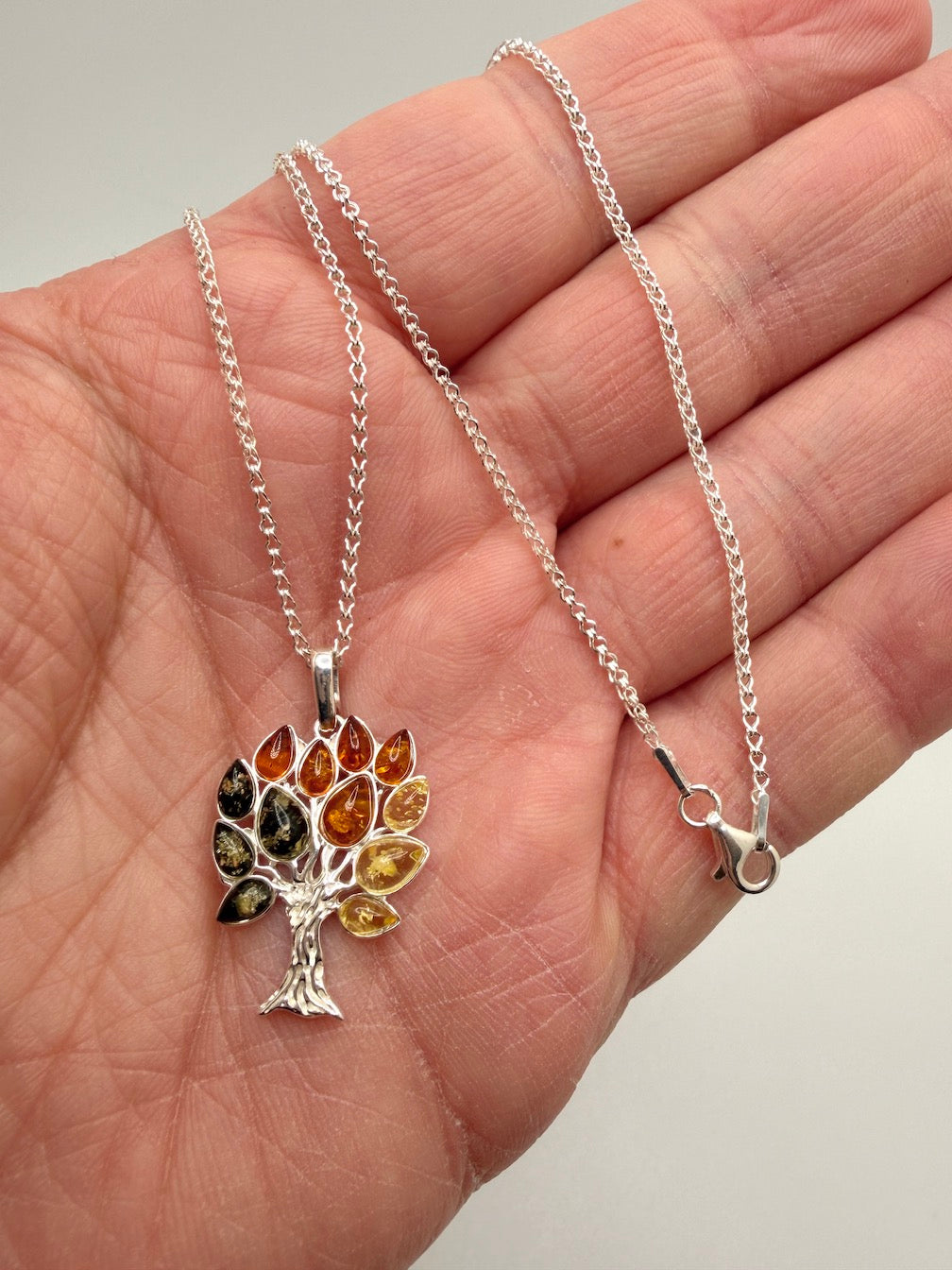 Genuine Baltic Amber & Sterling Silver Tree of Life Pendant • Ombre Lemon–Honey–Green Amber • 18” Box Chain Included