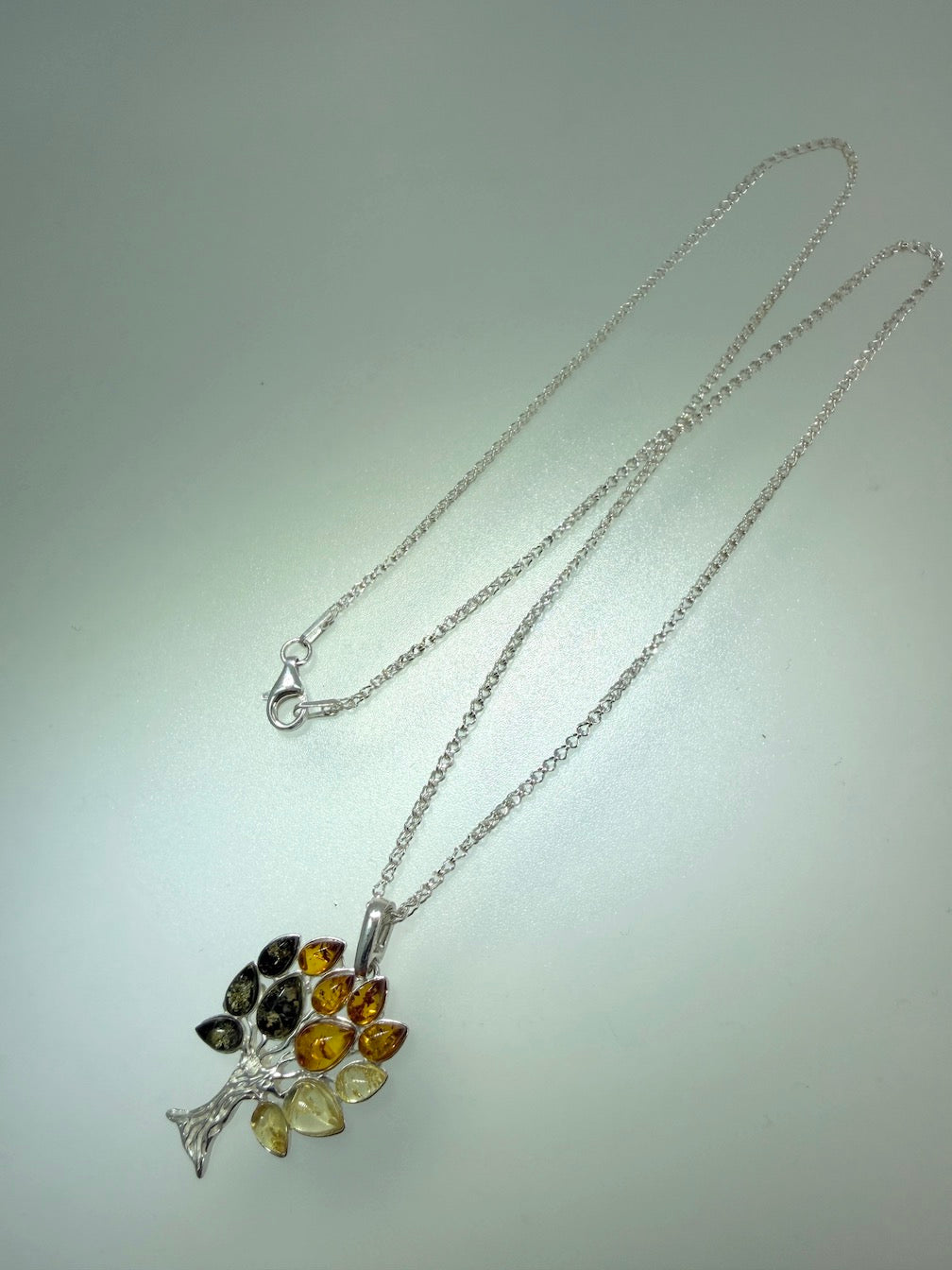 Genuine Baltic Amber & Sterling Silver Tree of Life Pendant • Ombre Lemon–Honey–Green Amber • 18” Box Chain Included