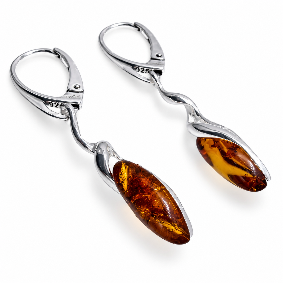 Genuine Baltic Amber & Sterling Silver Twist Drop Earrings