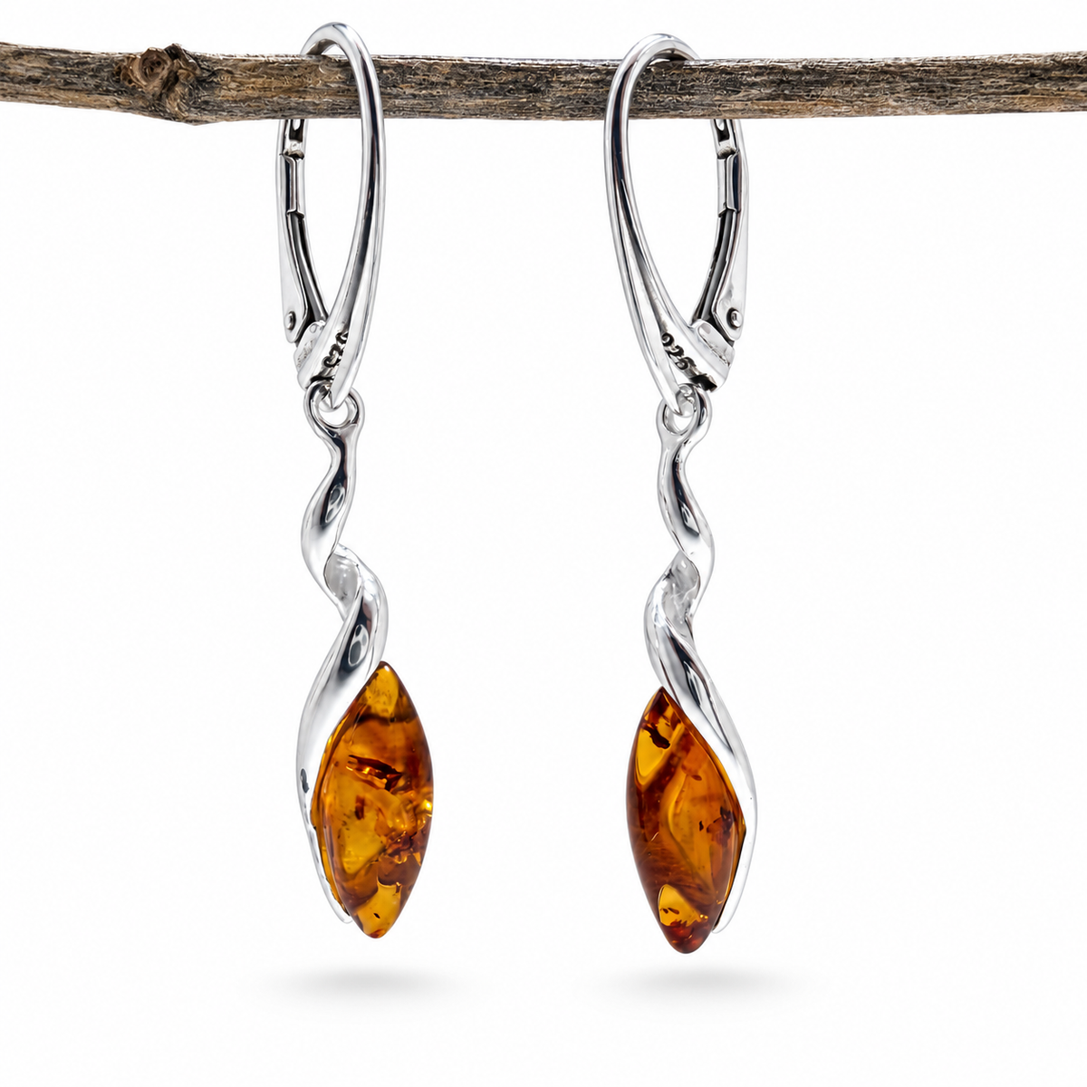 Genuine Baltic Amber & Sterling Silver Twist Drop Earrings