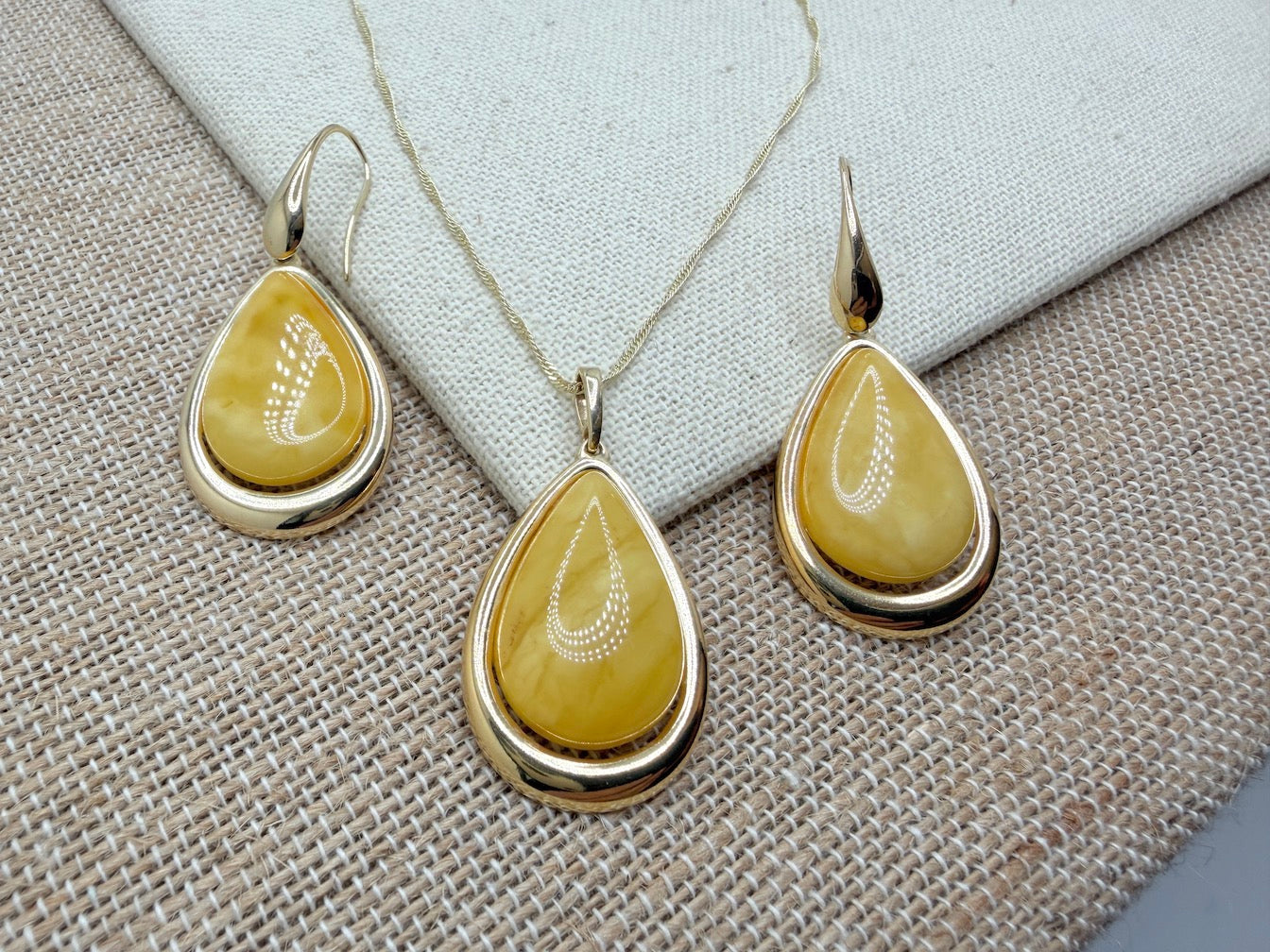 Handmade in Poland • Gold Plated Sterling Silver • Genuine Butterscotch Baltic Amber Set