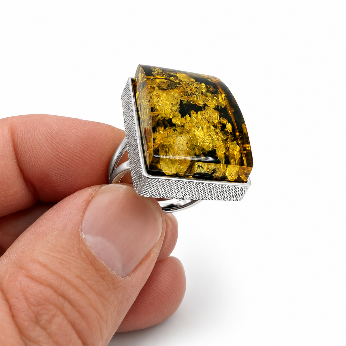 Genuine Green Baltic Amber Sterling Silver Ring