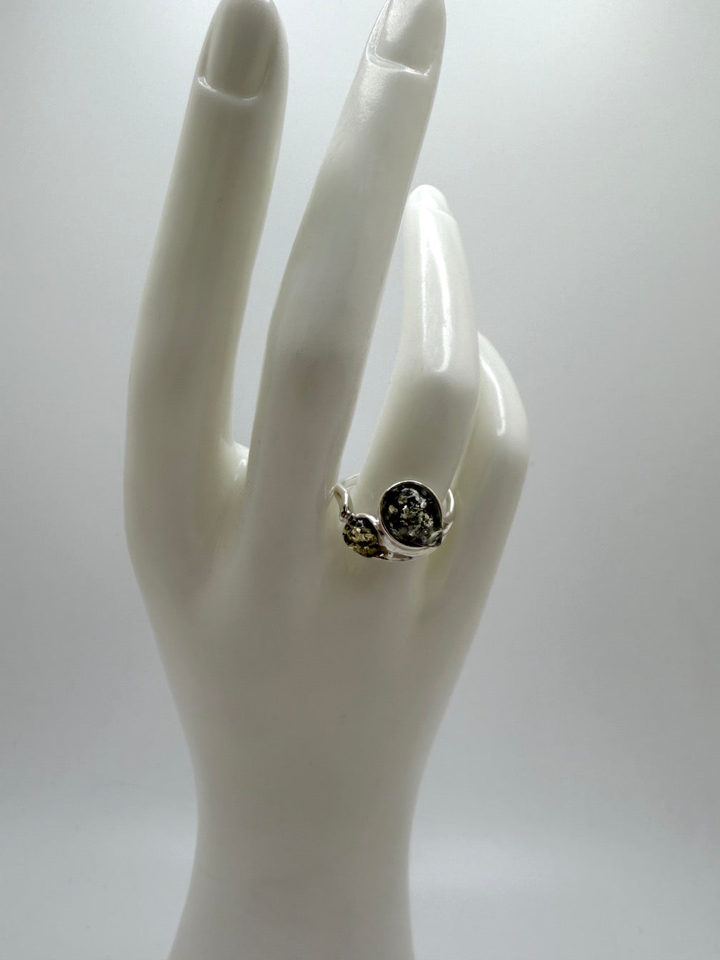 Genuine Green Baltic Amber Two Stone Ring in Sterling 925 Silver